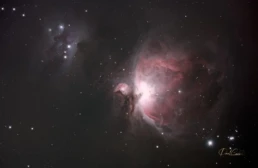 Orion Nebula (M42) astrophotography showing glowing hydrogen gas and the bright stellar core in the Orion constellation.