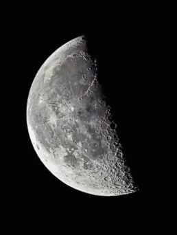 Half Moon astrophotography showing detailed lunar craters and surface features along the terminator line against a dark sky.