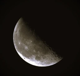 Waxing half Moon astrophotography showing detailed lunar craters and surface features along the terminator against a dark sky.
